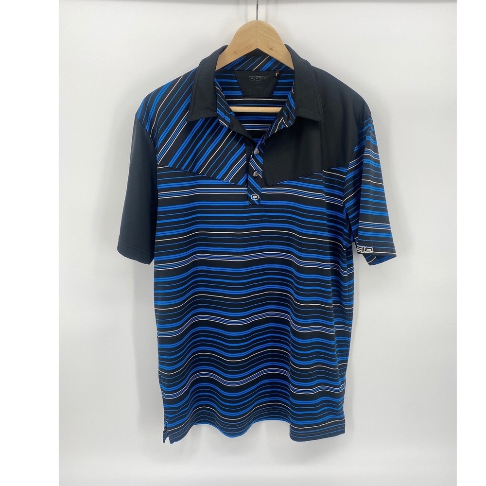 OGIO Polo Shirt Mens LG Blue Black Striped Excellent Golf Performance Short Slv
